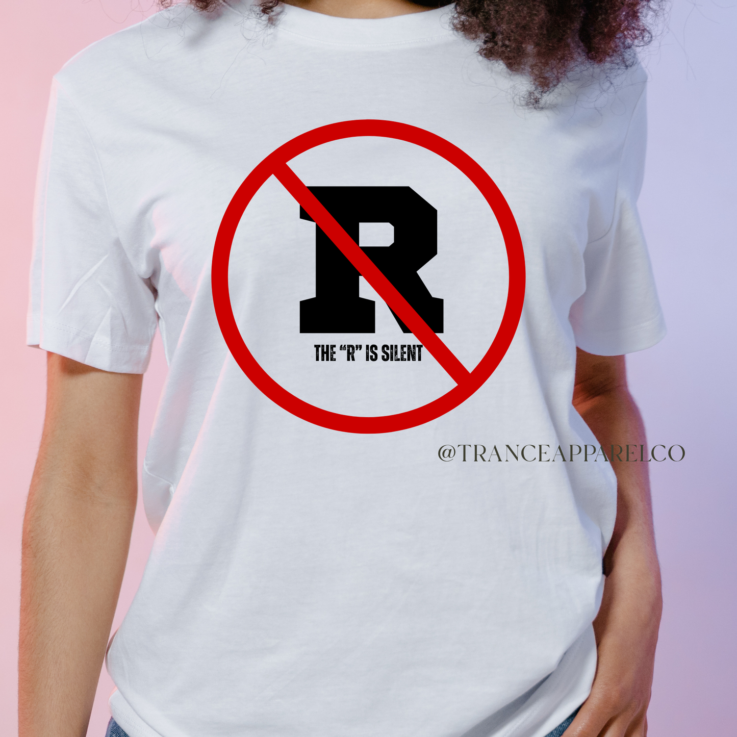 The "R" is silent red crossed tee