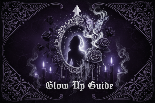 make me an image of a glow up guide that helps people through coaching keep the gothic theme